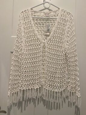 Chico's Majesty Fringe Optic White Open-Knit Fringe Cardigan